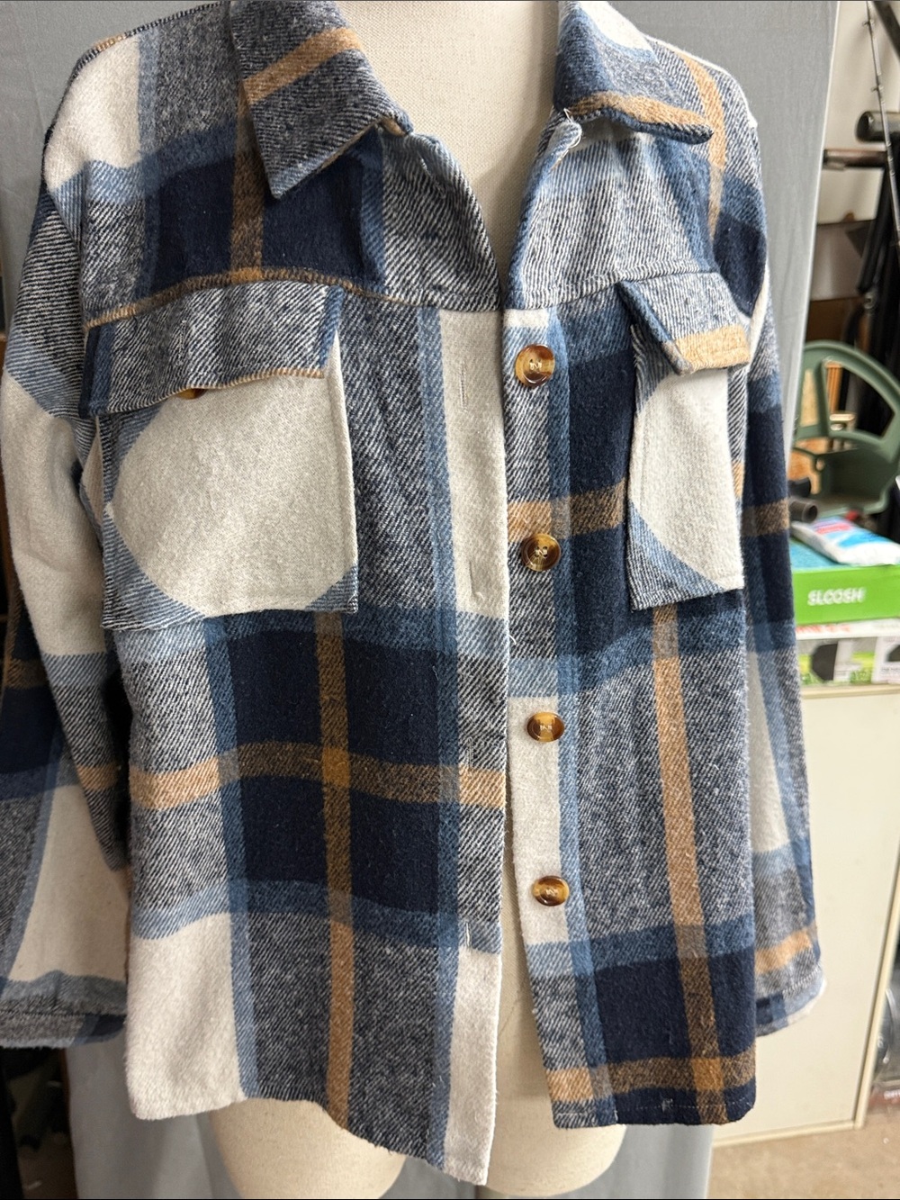 Women’s boxy Button-Up Shacket Jacket - Blue/Tan. Worn once in great condition